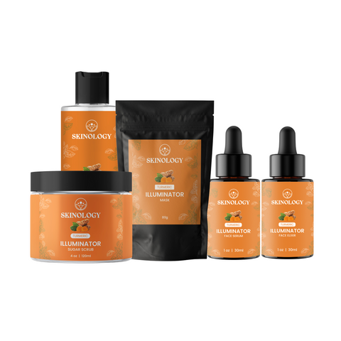 Complete Glow BundleThe Complete Glow Bundle includes:
 Illuminator Sugar Scrub
 Illuminator Toner
 Illuminator Clay mask
 Illuminator Serum
 Illuminator ElixirSkinology Natural SkincareSkinology Natural Skincare